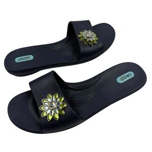 Okabashi Oka-B Navy Blue Rubber Flat Slide Sandals Rhinestone Flower Sz ML (8-9)